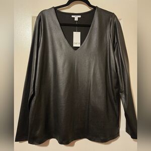 Bar III Black Faux Leather Women's V-Neck Top, Size 2X